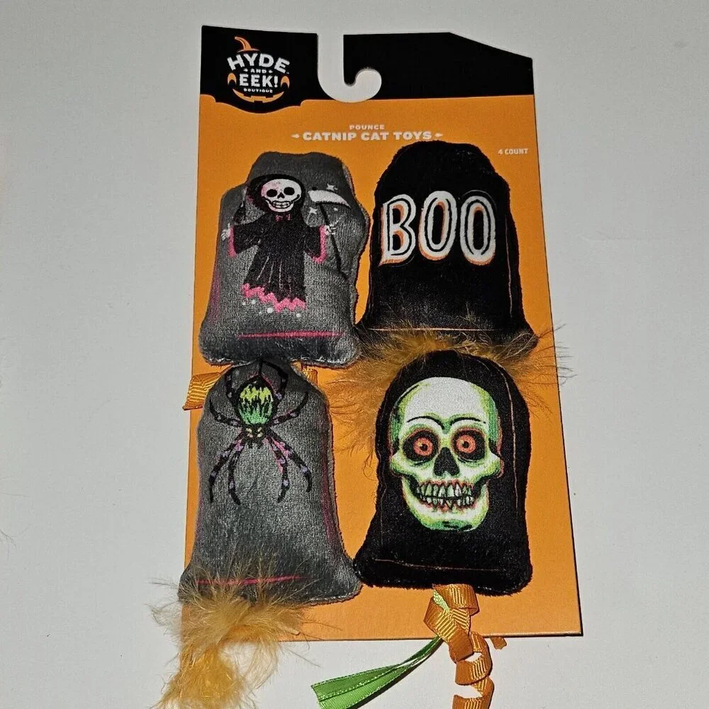 NEW 2 Pks Halloween Pet Catnip Cat Toys Lot Skeleton Skull Hyde & Eek